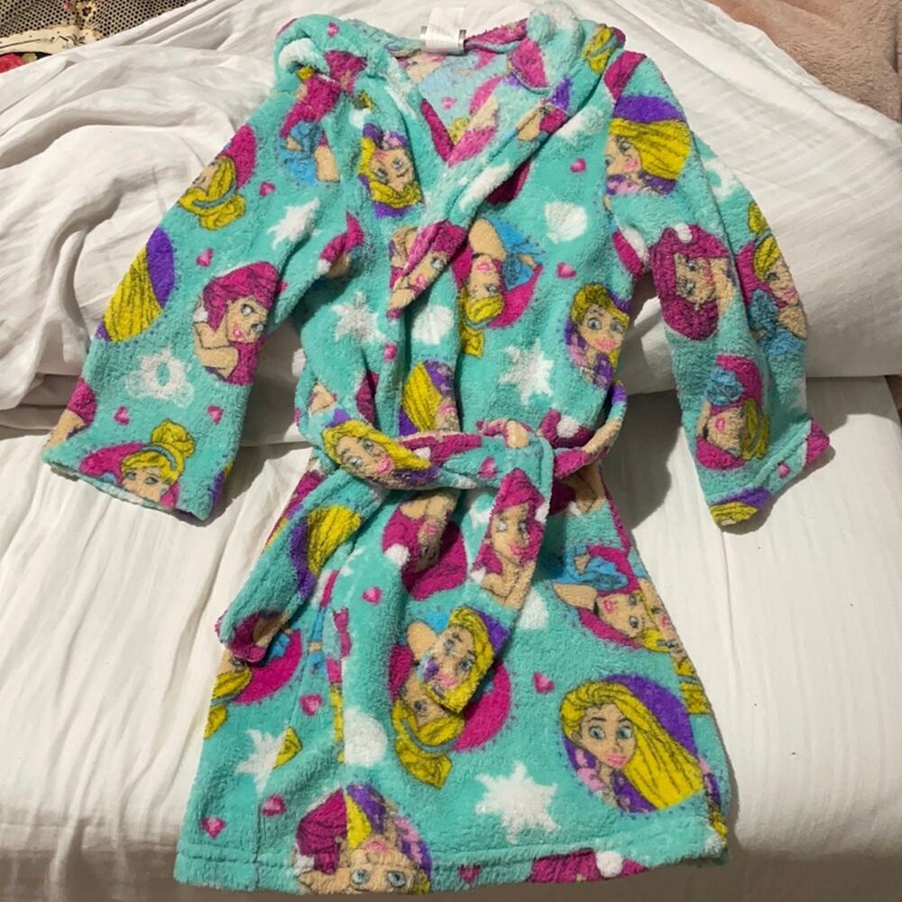Disney princess plush fleece hooded robe xs 4 turquoise belle princess euc